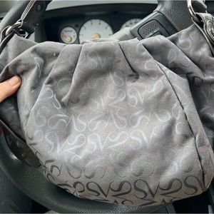 Purse: Simply Vera Wang gathered gray material purse with patent leather strap.